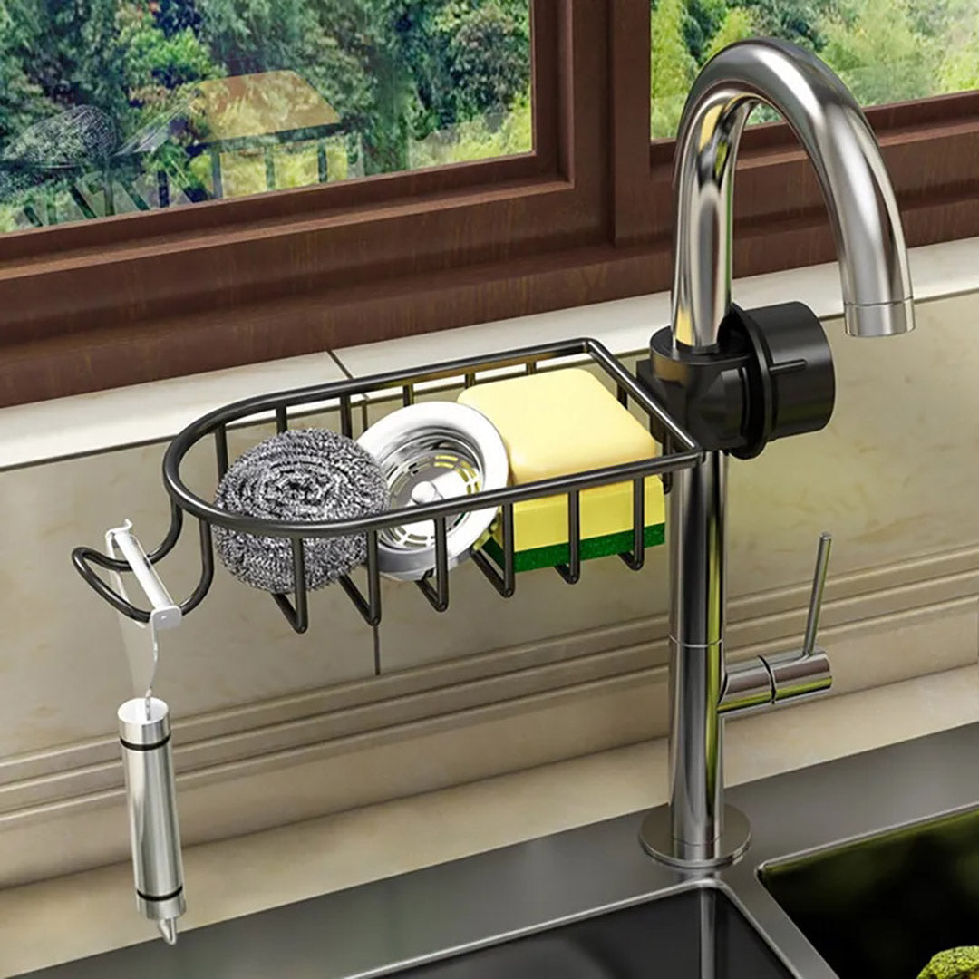 SOGA Black Single Kitchen Sink Organiser Faucet Soap Sponge Caddy Rack Storage Drainer-1
