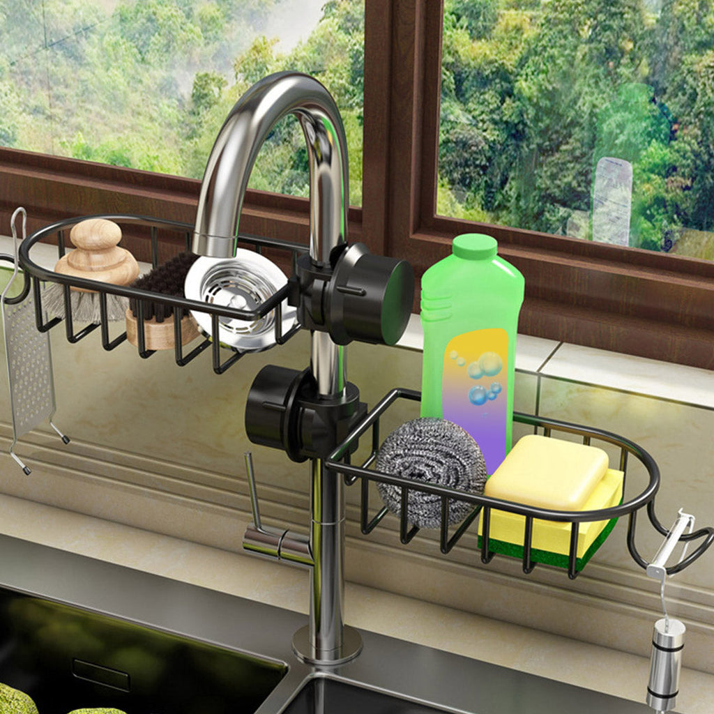 SOGA Black Single Kitchen Sink Organiser Faucet Soap Sponge Caddy Rack Storage Drainer-2