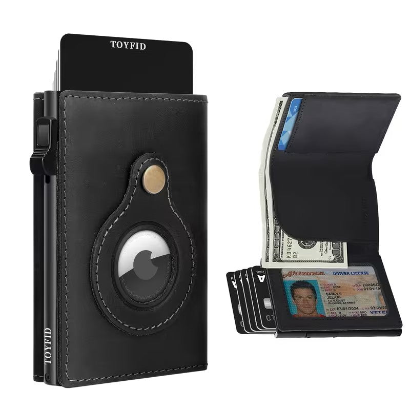 TOYFID Leather Wallet for Men – RFID Blocking, Pop-Up Cards, AirTag Slot