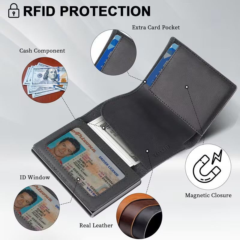 TOYFID Leather Wallet for Men – RFID Blocking, Pop-Up Cards, AirTag Slot